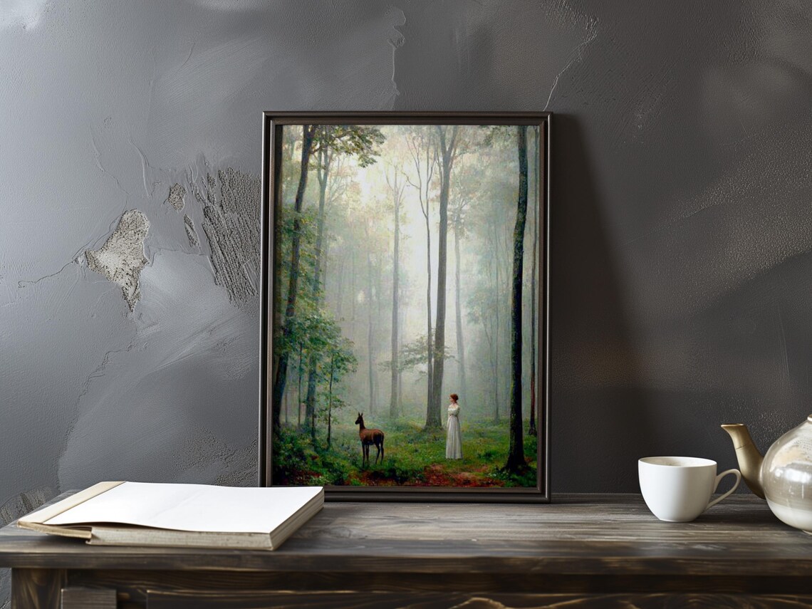 Corot-Inspired Woman and Deer in a Misty Forest Glade Poster
