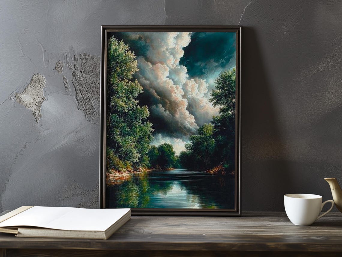 Towering Cumulus Clouds Over an Emerald River Impressionist Poster