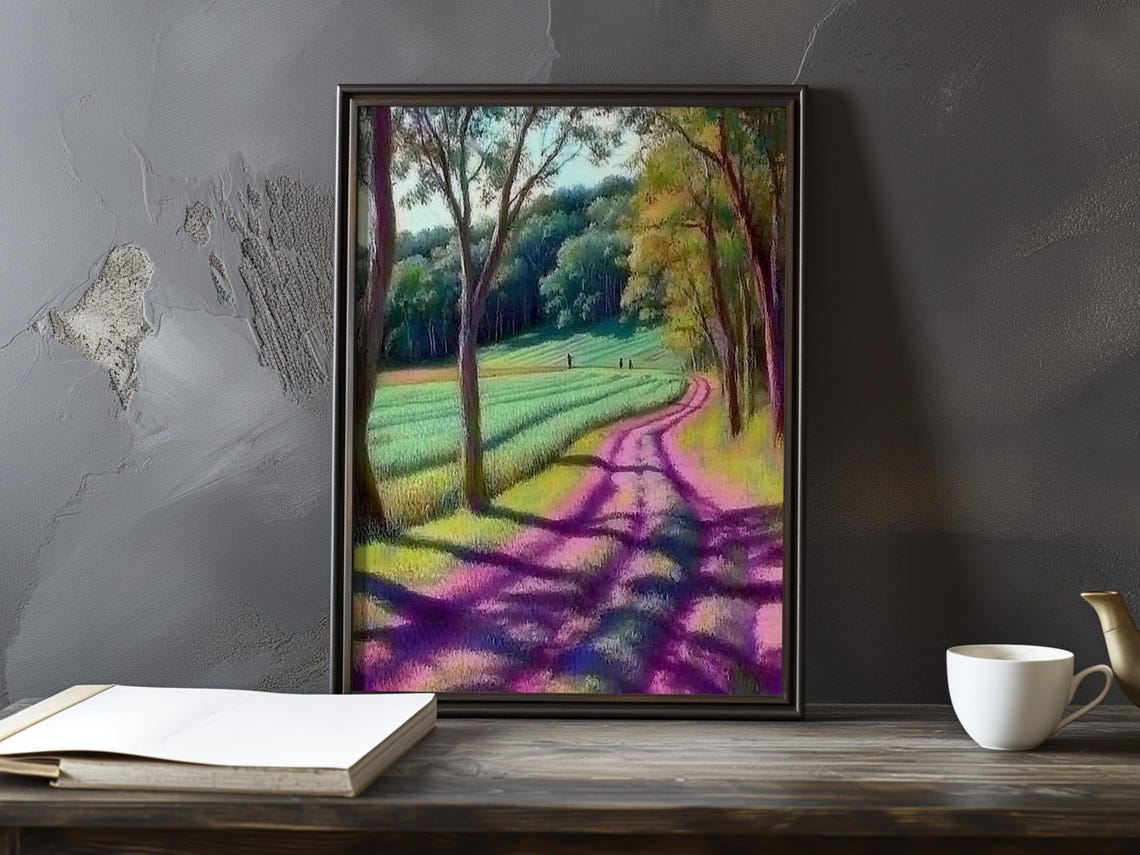 Bold Fauvist Meadow Path With Violet Shadows Across the Road Poster