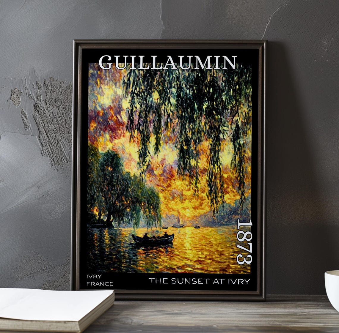 Sunset At Ivry 1873 Guillaumin Weeping Willows Rowboat Poster
