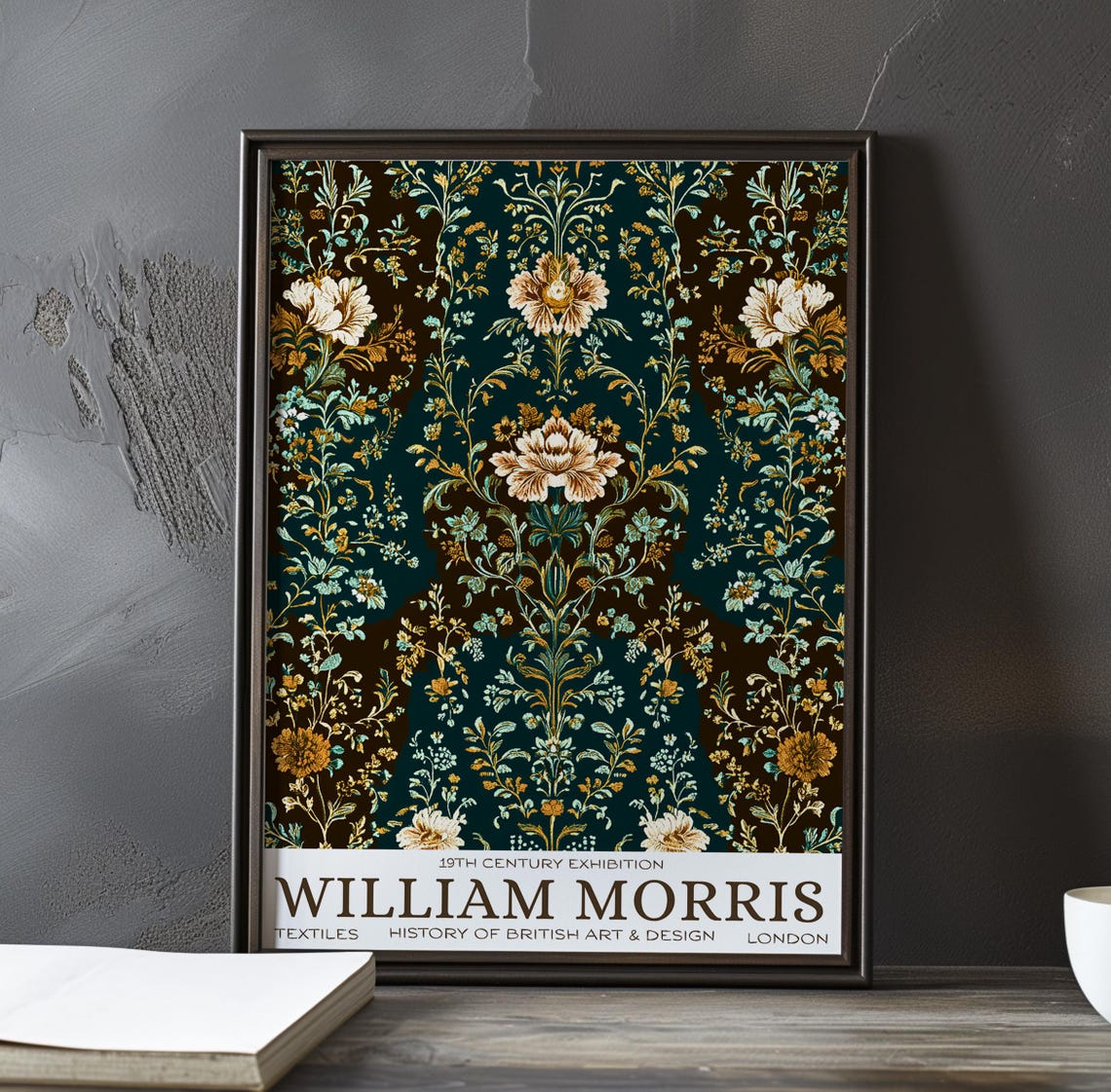 William Morris Chrysanthemum Tapestry Dark Teal Black Poster