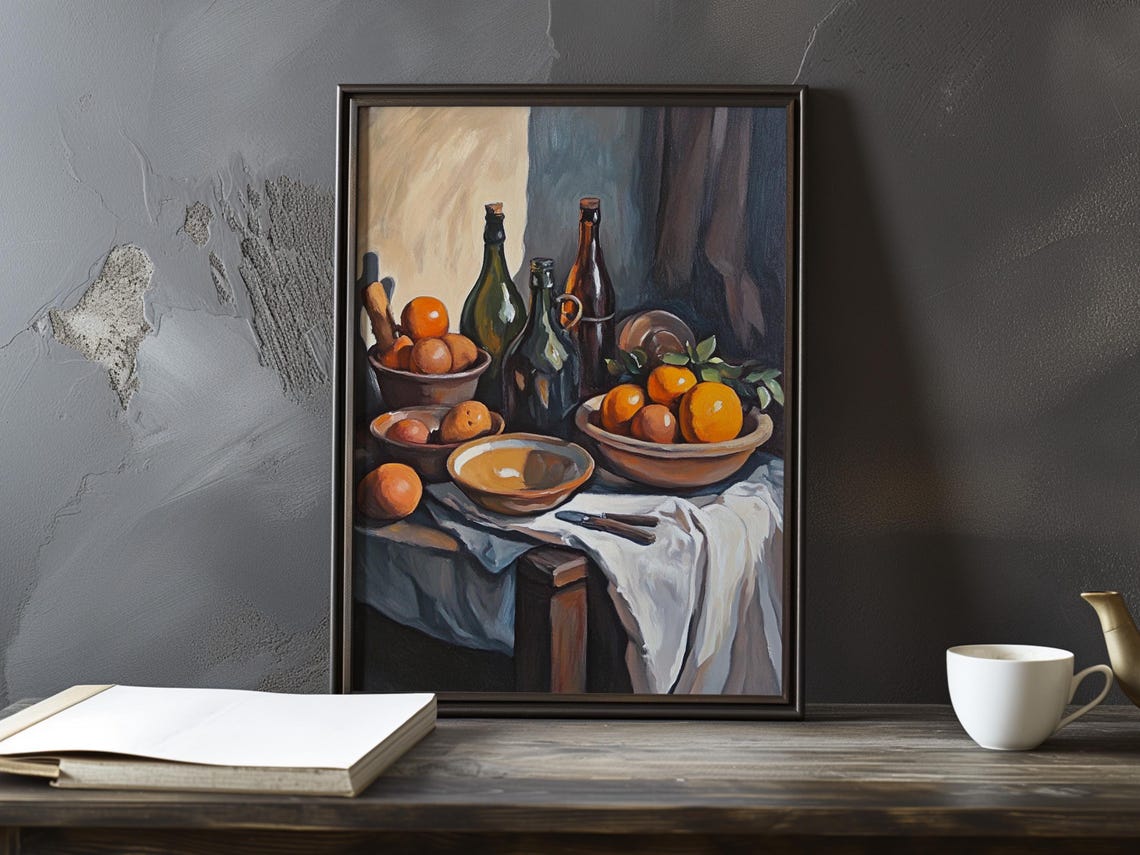 Paul Cezanne Inspired Still Life With Oranges and Bottles Poster