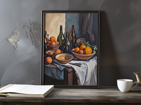 Paul Cezanne Inspired Still Life With Oranges and Bottles Poster