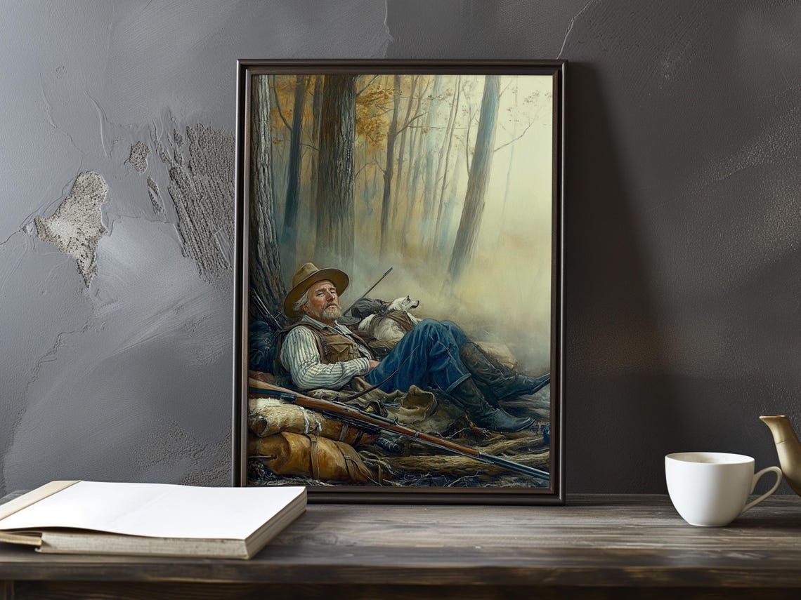 Old Hunter Resting Against A Tree In Autumn Woods With Rifle Poster