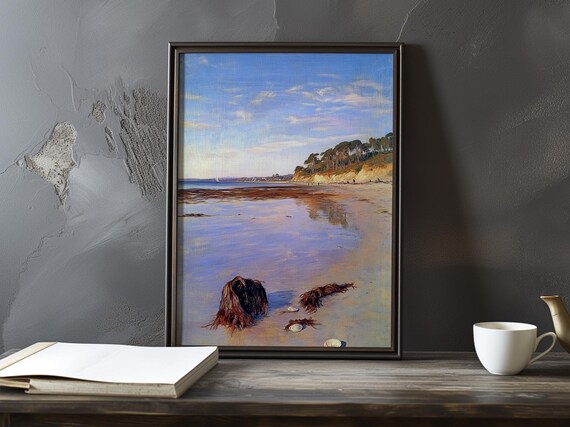 Wide Beach with Kelp Piles Beneath a Headland Impressionist Poster