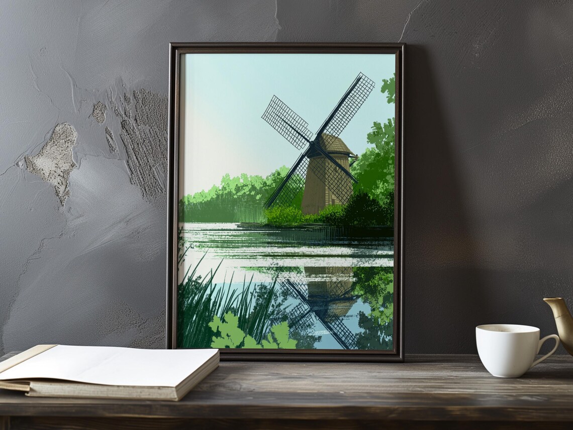 Windmill Among Tall Green Reeds in Bright Daylight Waterside Poster