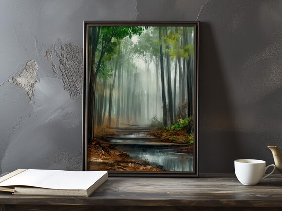 Misty Autumn Forest Path Beside a Quiet Woodland Stream Poster