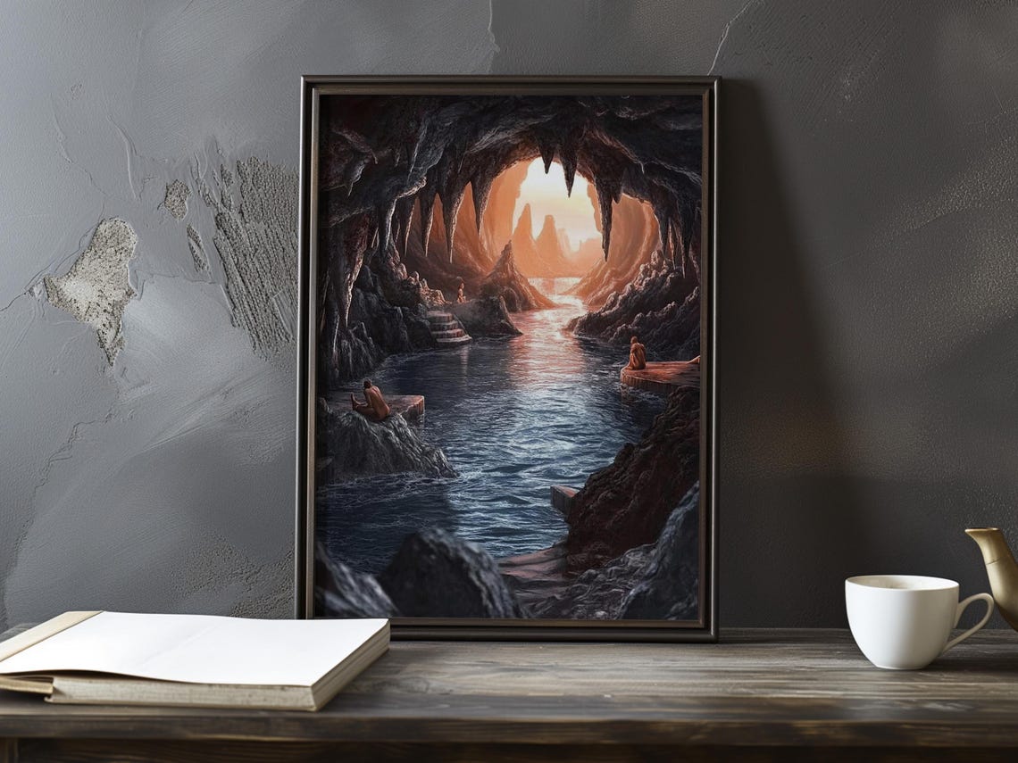 Dark Stalactite Cave Opening to Glowing Light Over Water Poster