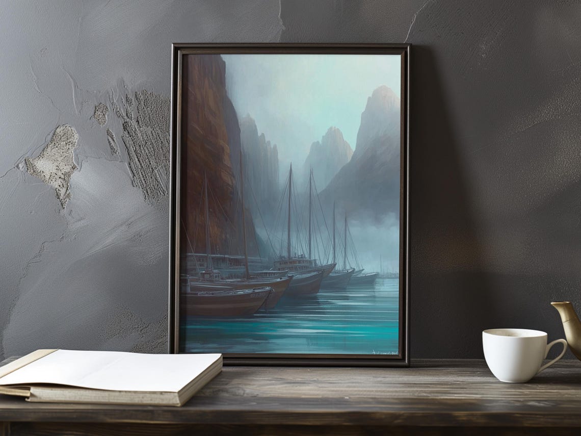 Wooden Boats Anchored Between Foggy Cliffs in a Quiet Cove Poster