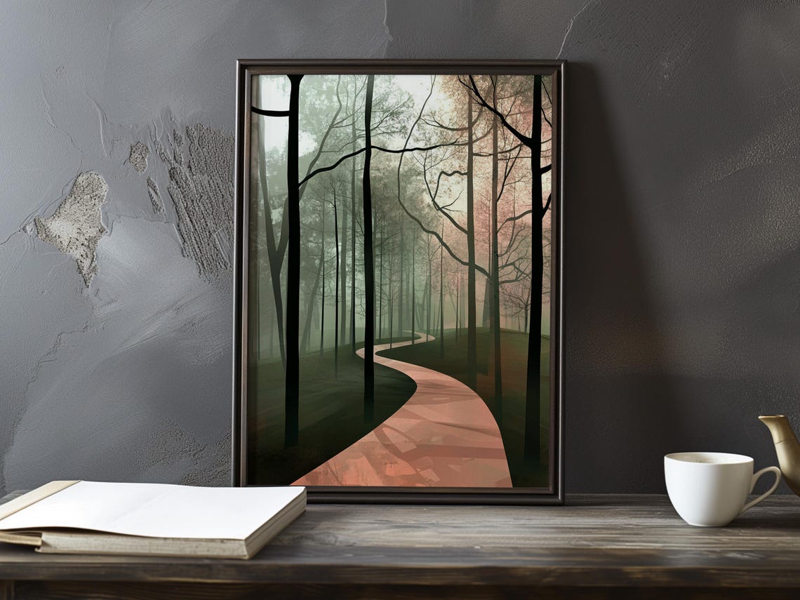 Winding Terracotta Path Through a Foggy Forest Impressionist Poster
