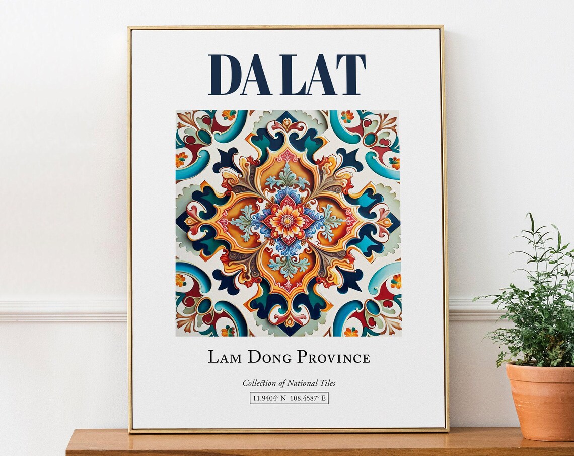 Da Lat Vietnam Folk Tile Travel Poster, Bathroom Art