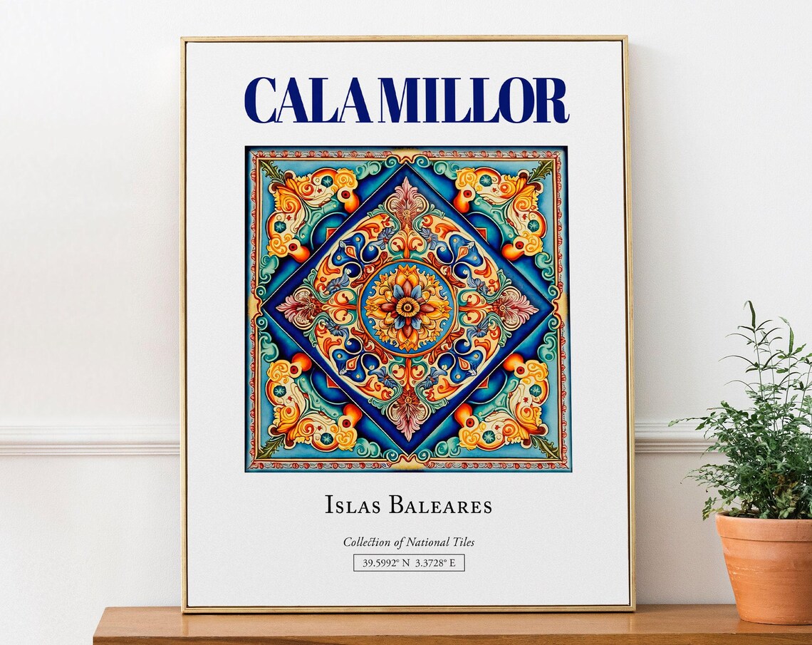 Cala Millor Islas Baleares Spain Folk Tile Travel Poster