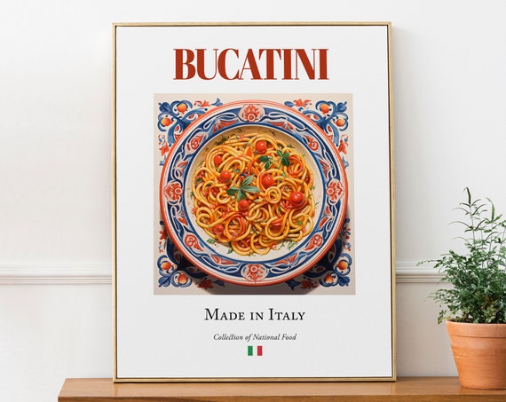 Bucatini on Maiolica Tile Plate, Italian Food Poster