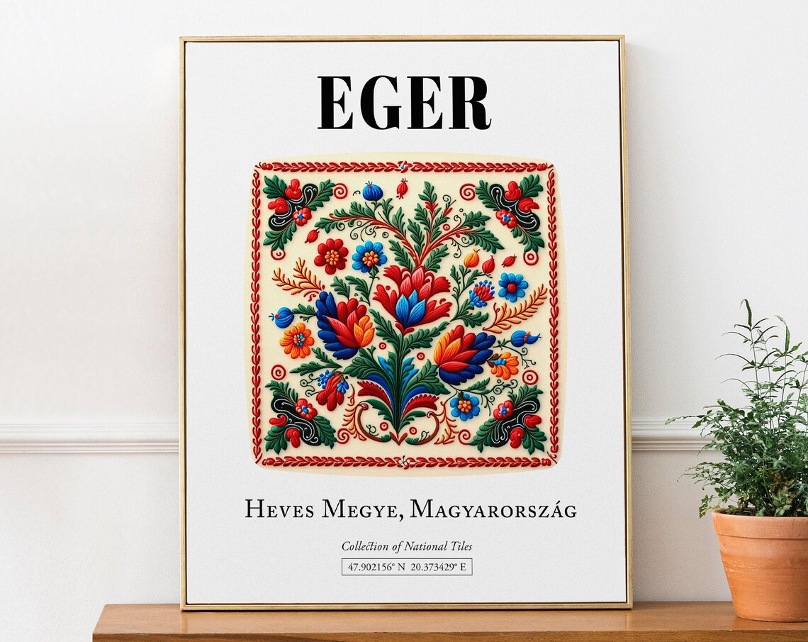 Eger Hungary Floral Tile Pattern Travel Poster