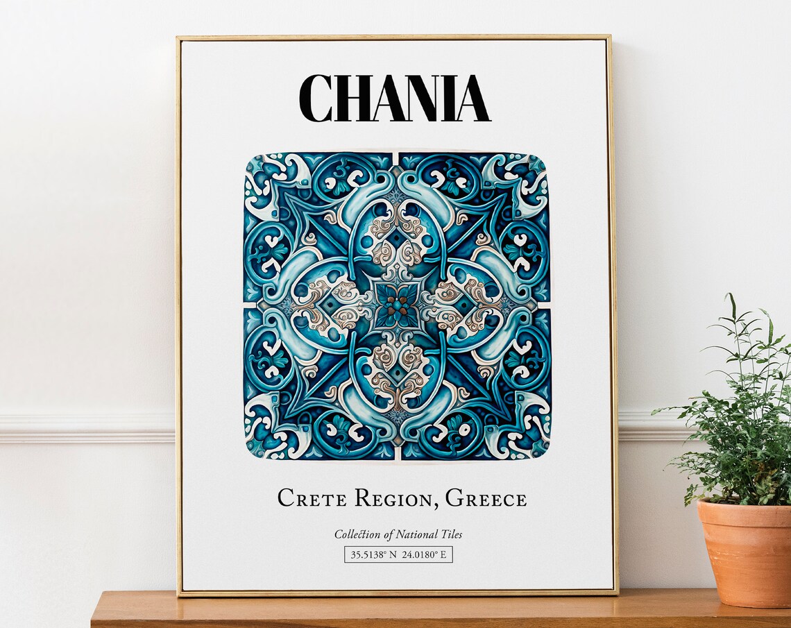 Chania Enchanting Tile Art Poster, Cretan Charm