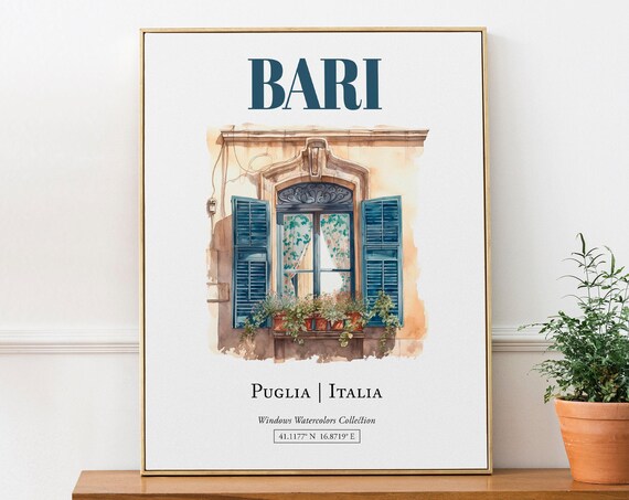 Bari Puglia Italia Travel Poster, Watercolor Illustration