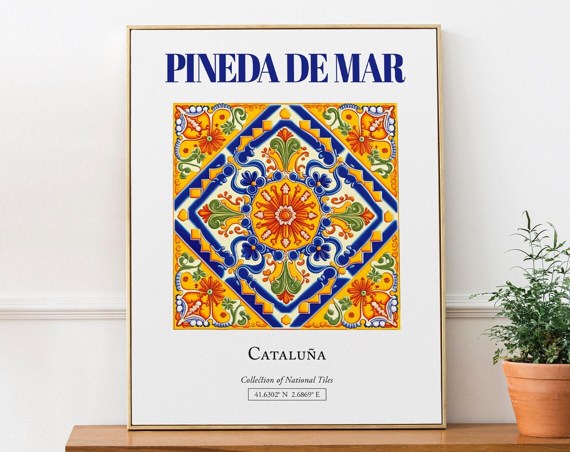 Pineda De Mar Catalua Spain Folk Tile Travel Poster