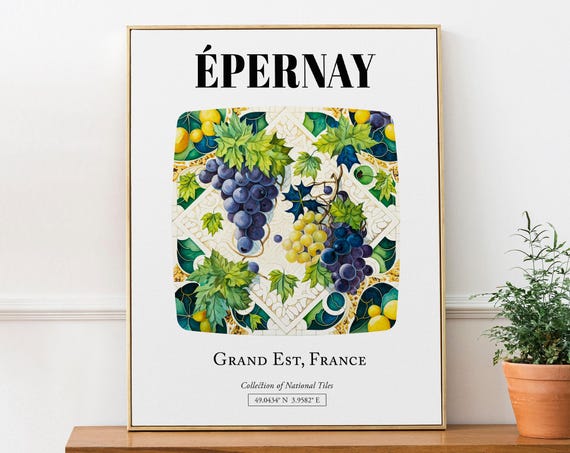 Pernay Grand Est France Tile Pattern With Grapes Travel Poster