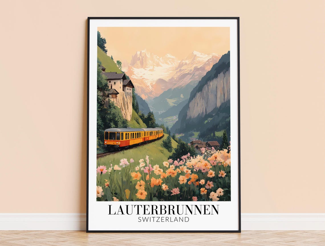 Lauterbrunnen Switzerland Mountain Train Valley Travel Poster