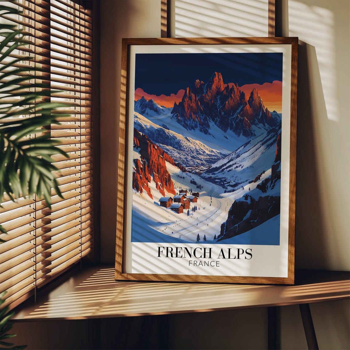 French Alps Sunset Over Jagged Snowy Peaks and Ski Chalets Poster - Image 3
