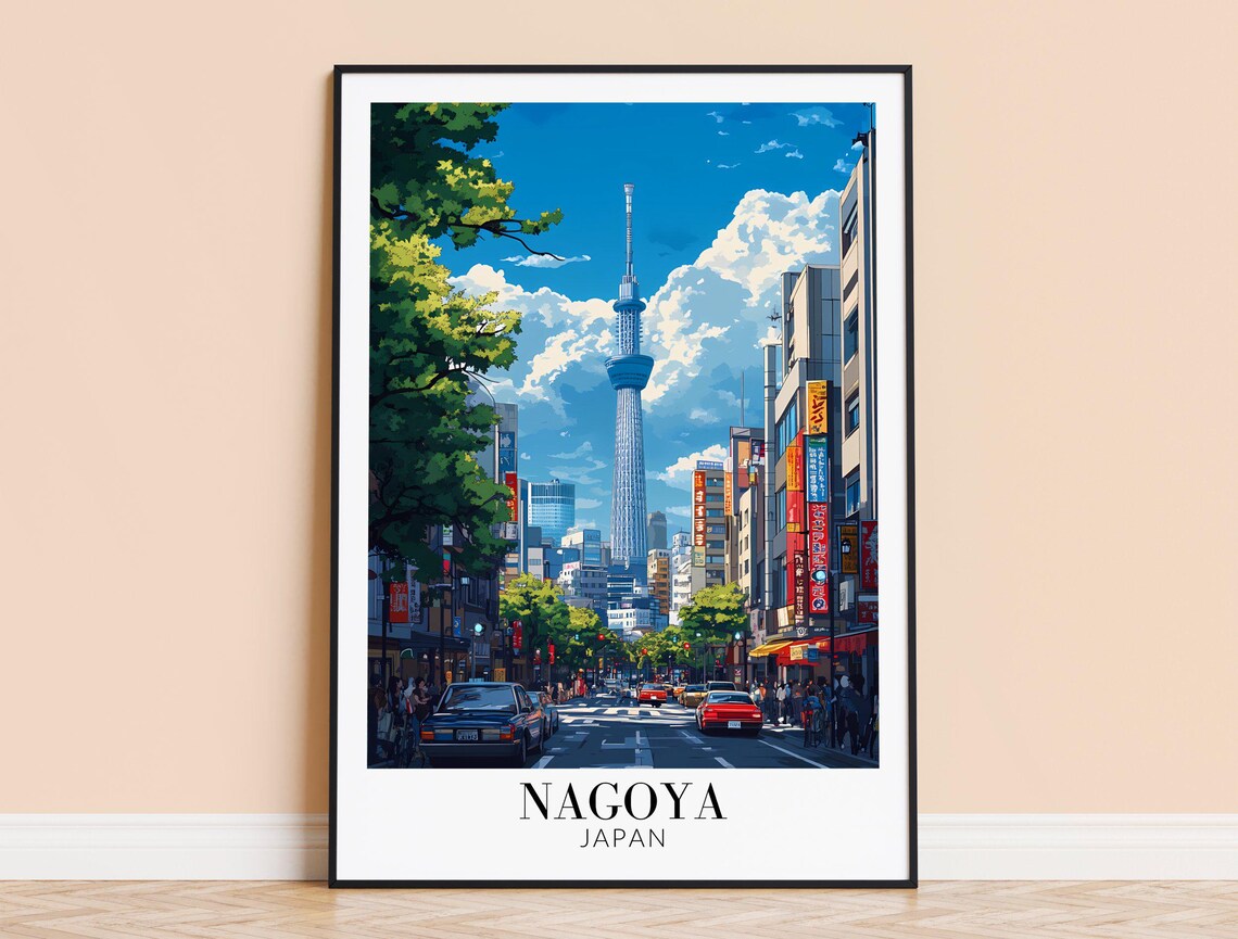 Nagoya Japan Vibrant Tower Street Retro City Skyline Travel Poster