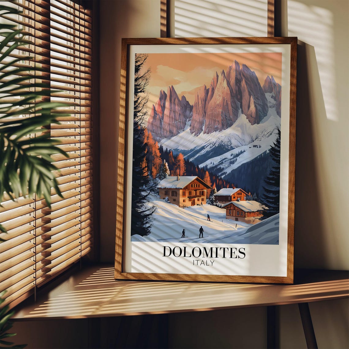 Dolomites Snowy Peaks Alpine Chalets Evening Glow Travel Poster - Image 4