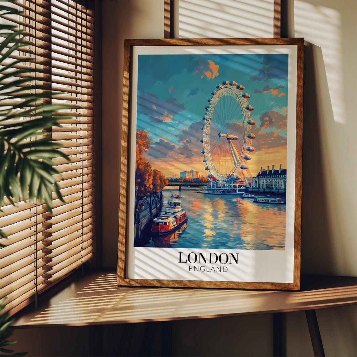London England London Eye Sunset River Thames Boats Travel Poster - Image 3