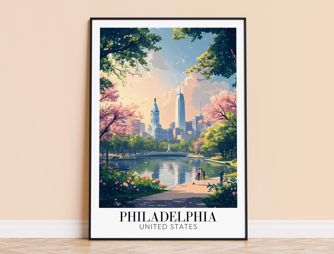 Philadelphia City Hall Cherry Blossom Park Lake Travel Poster