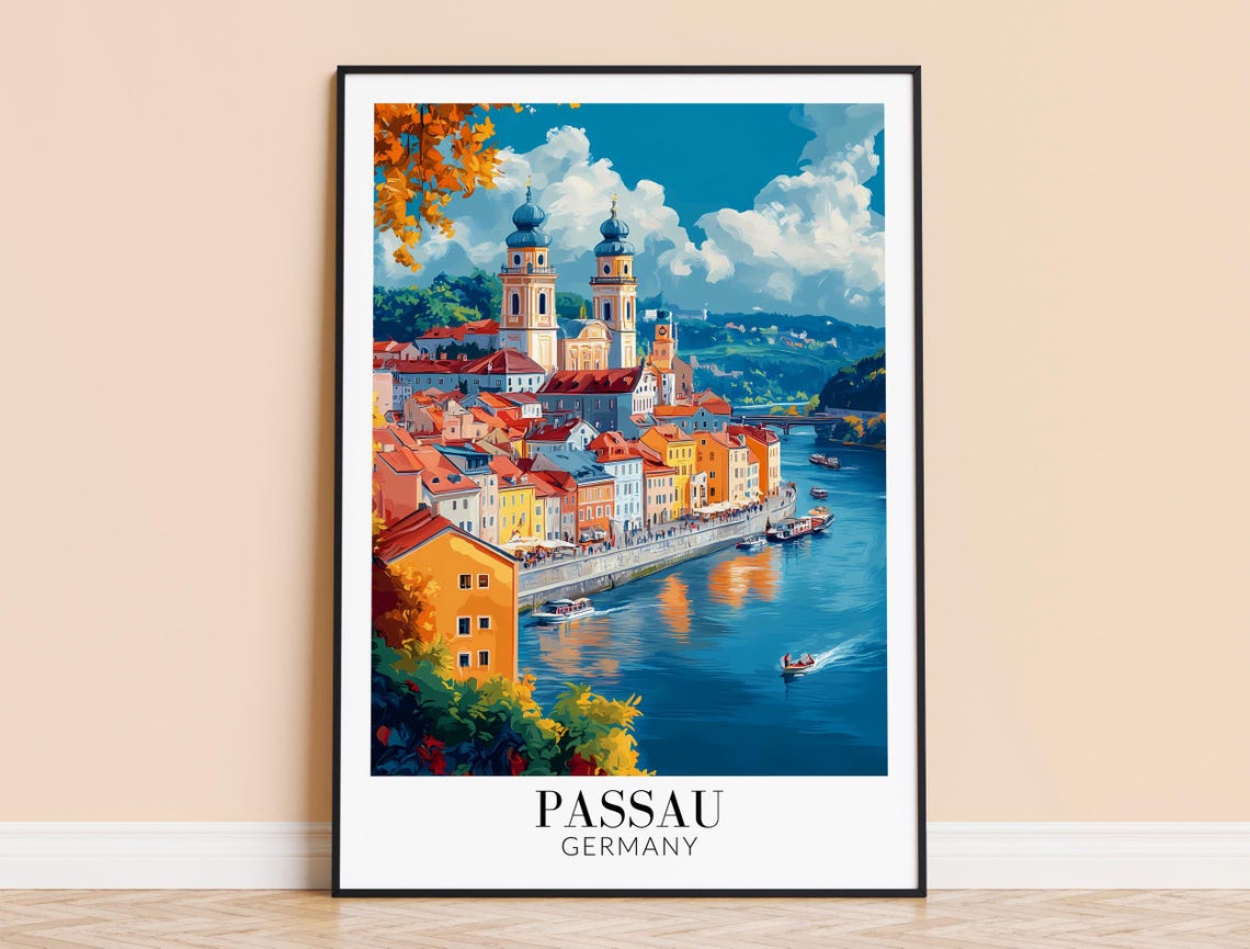 Passau Germany Danube Riverside Old Town Cathedral Travel Poster