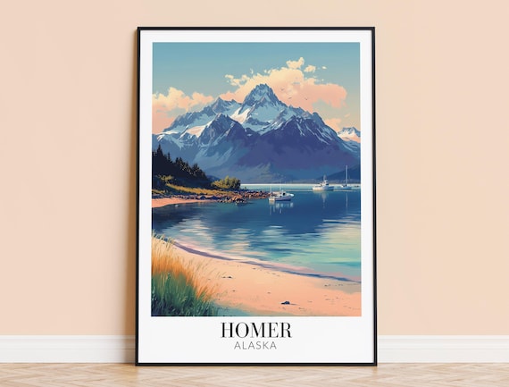 Homer Alaska Scenic Snowy Mountain Harbor Minimalist Travel Poster