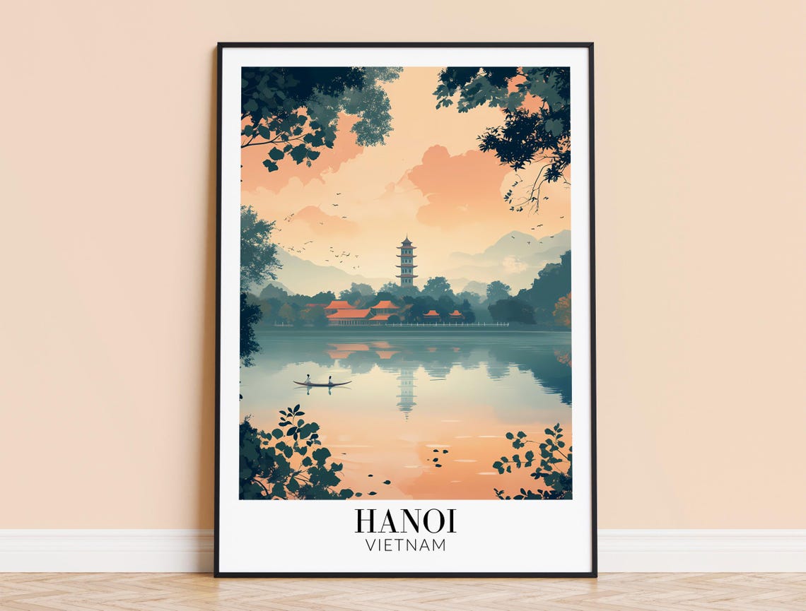 Hanoi Vietnam Lakeside Pagoda Reflection at Sunset Travel Poster