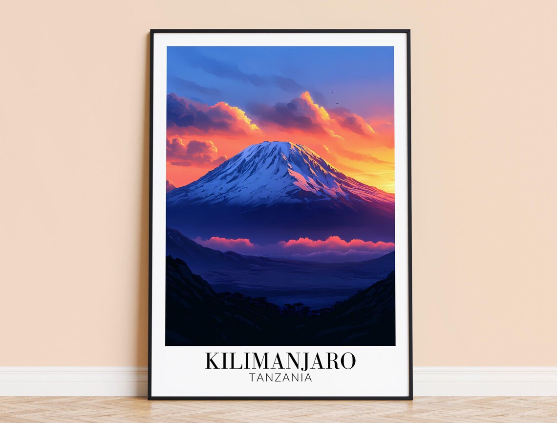 Kilimanjaro Tanzania Snow Peak Fiery Sunset Mountain Poster Art