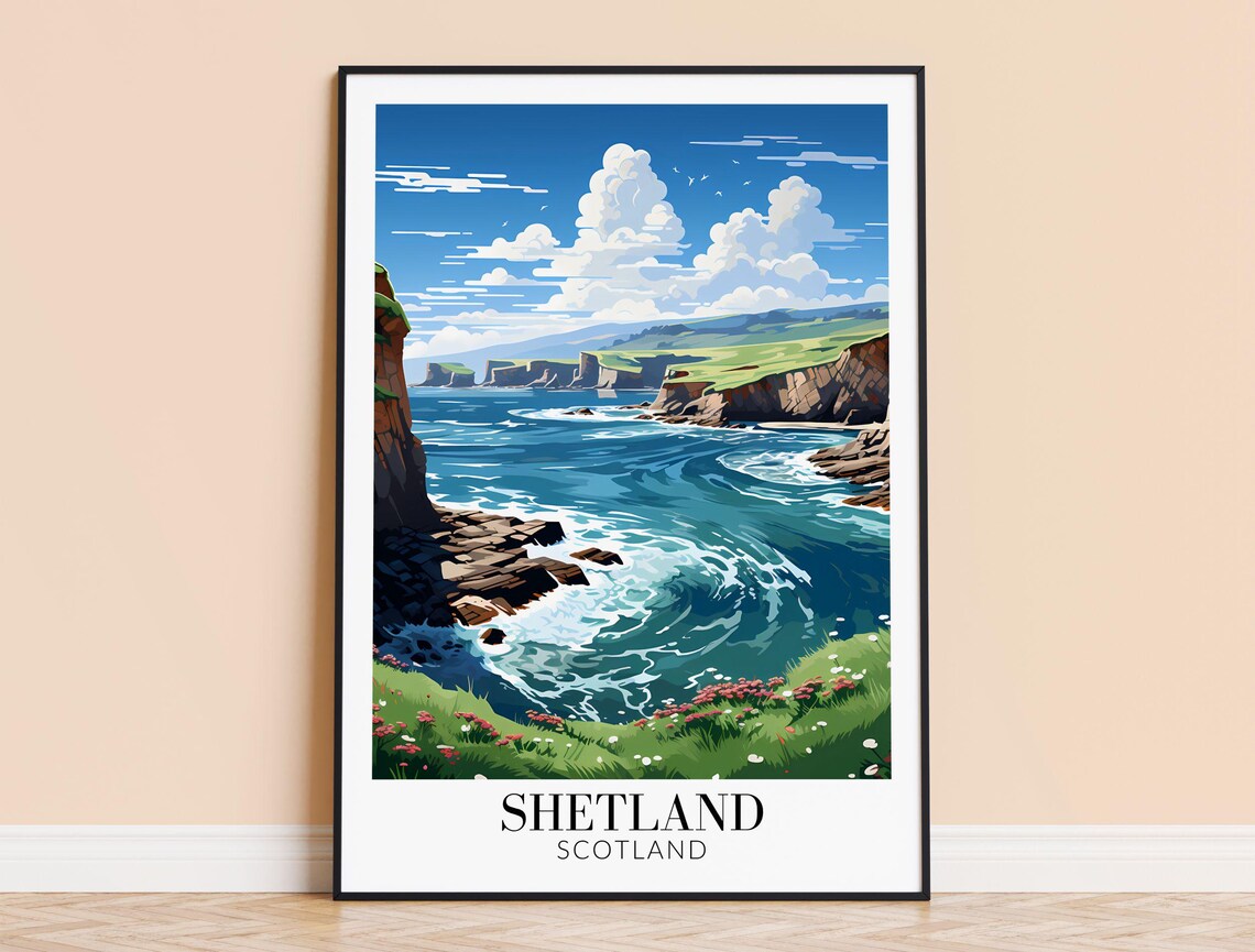 Shetland Scotland Turquoise Ocean Bay With Green Cliffs Travel Poster