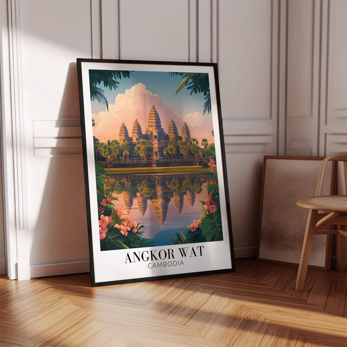 Angkor Wat Cambodia Five Towers Moat Reflection Flowers Poster - Image 4