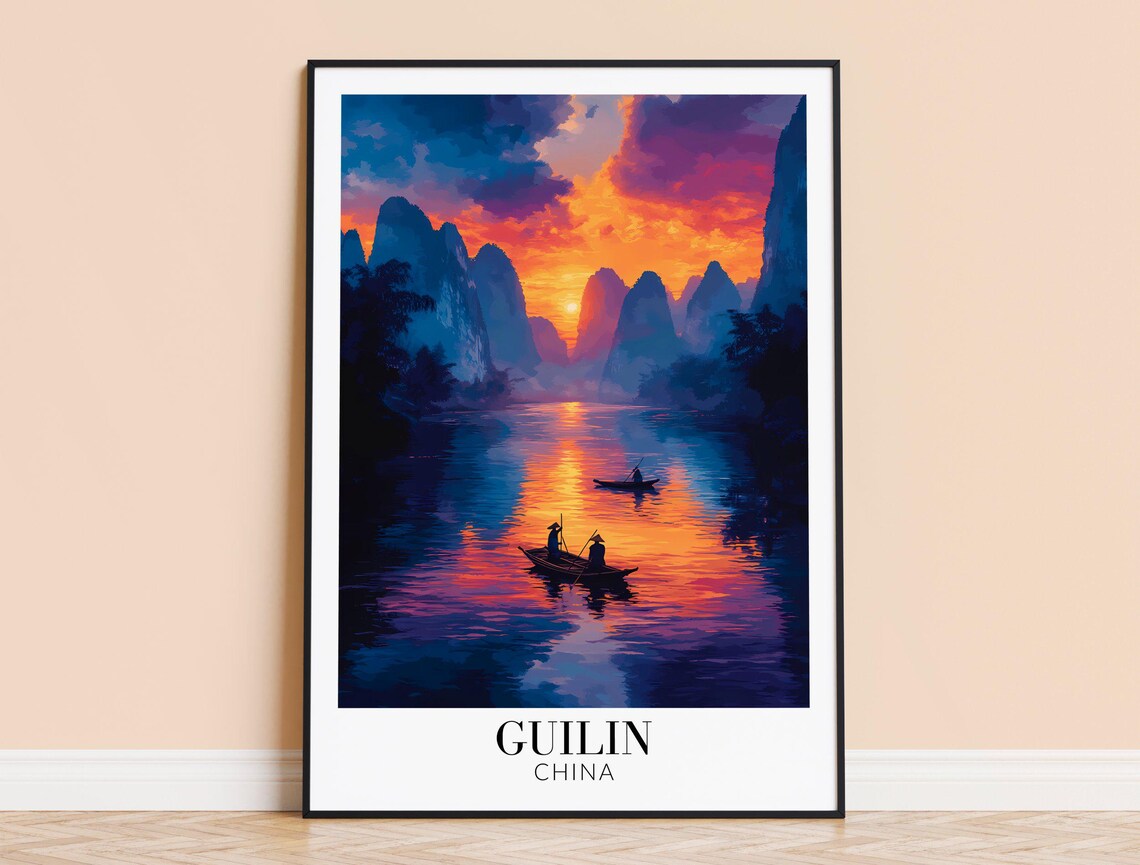 Guilin China Sunset Karst Peaks Fishermen Boats River Art Poster