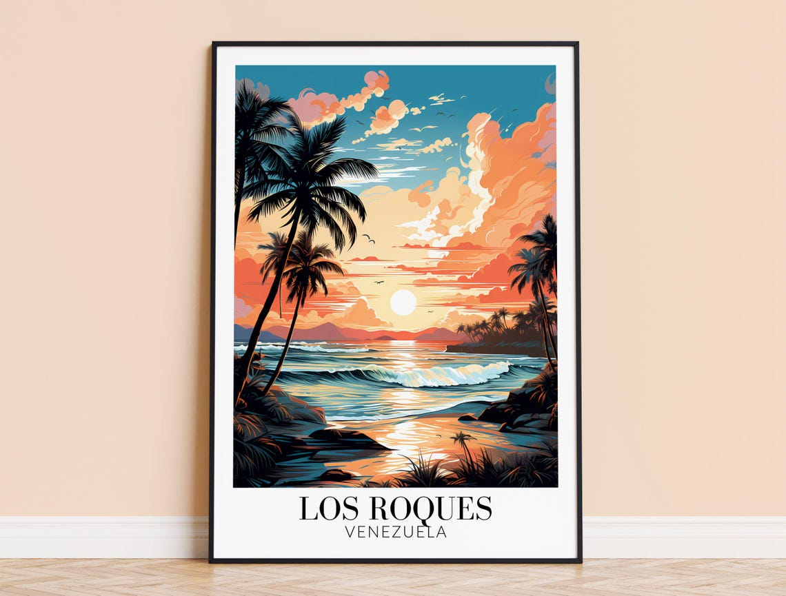 Los Roques Venezuela Sunset Beach Poster Palm Trees Ocean Waves