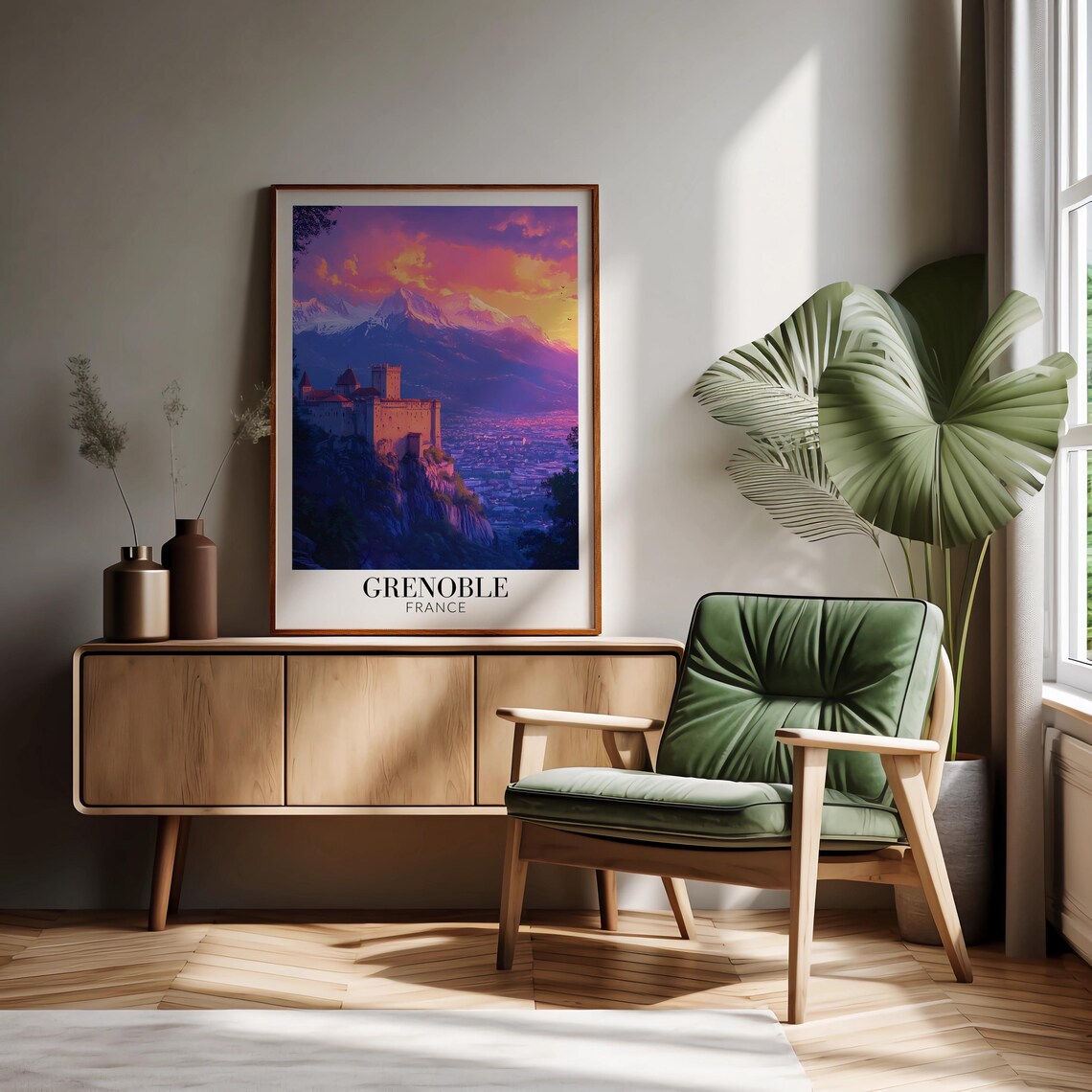 Grenoble Fortress on Hilltop at Purple Dusk Over City Poster - Image 2
