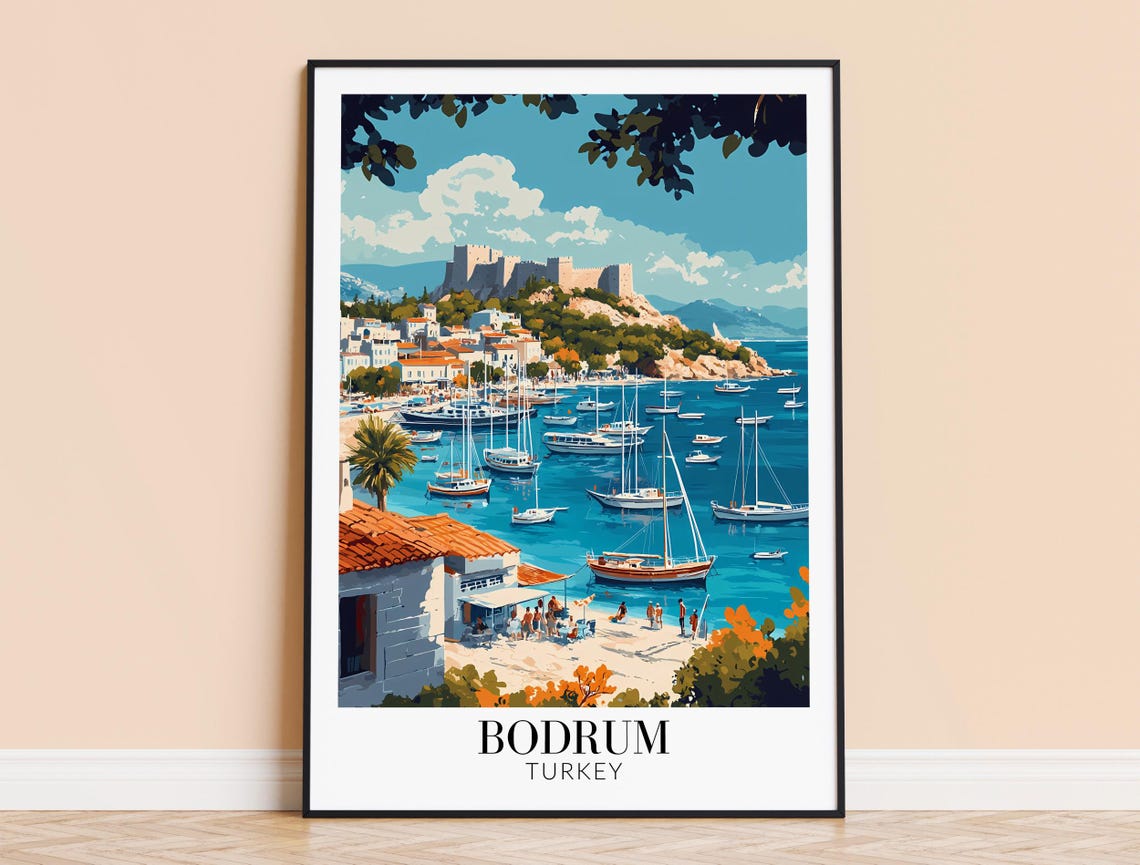 Bodrum Turkey Marina Harbor and Castle Hill Coastal Travel Poster