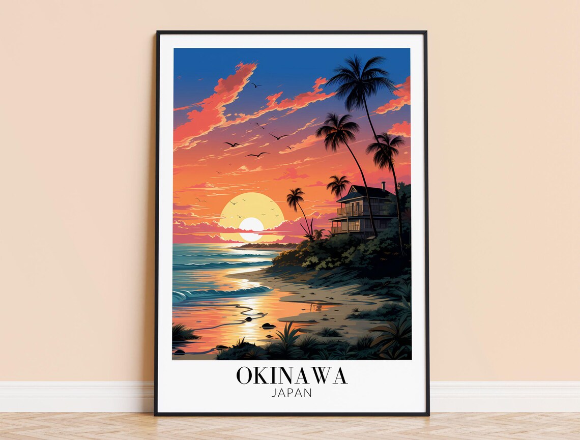 Okinawa Japan Sunset Beach Palms Retro Tropical Travel Poster