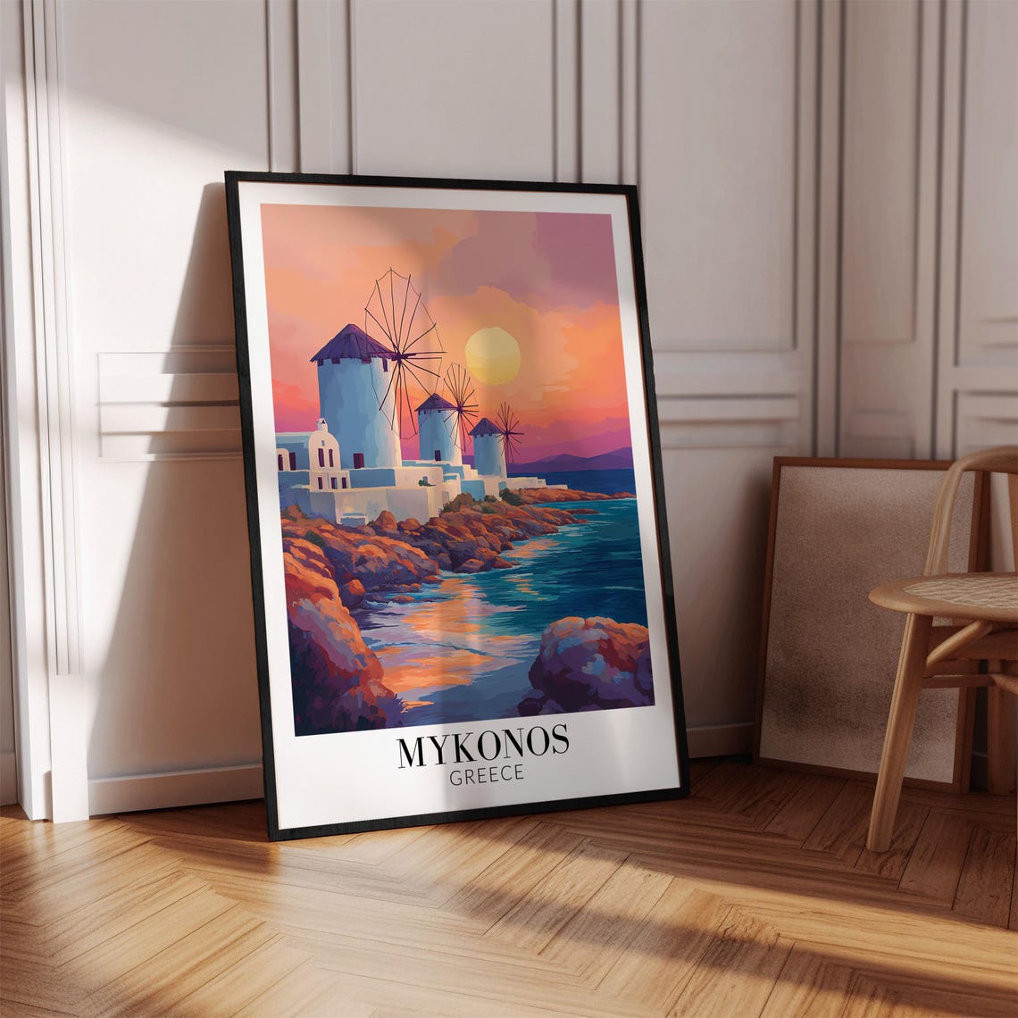 Mykonos Greece Iconic Windmills at Sunset Over the Sea Poster - Image 4