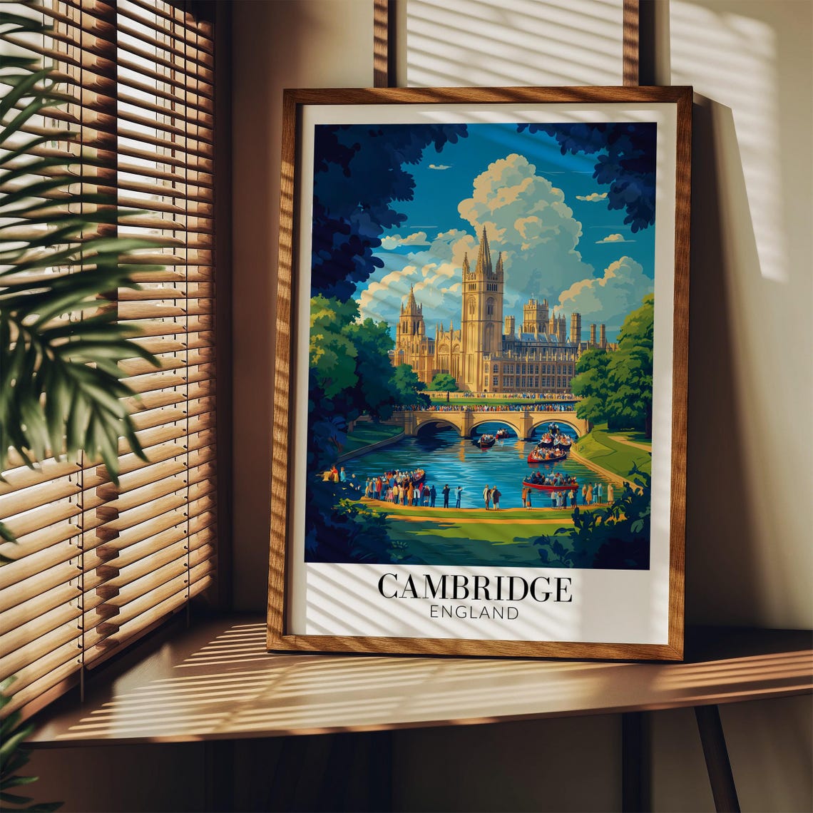 Cambridge England Blue Sky Bridge Punting Crowds Riverside Poster - Image 3