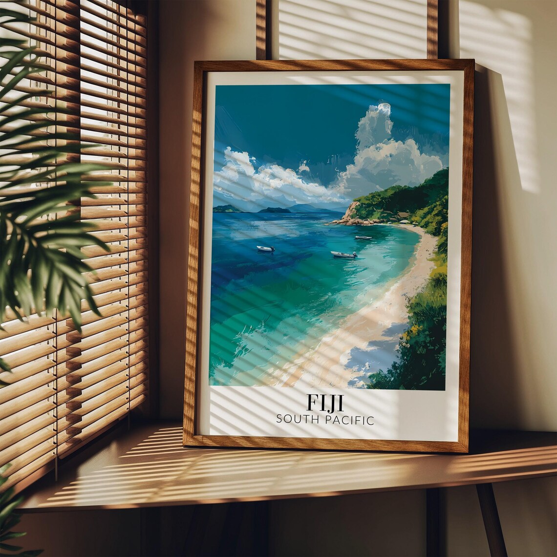 Fiji Turquoise Bay Aerial View With Boats South Pacific Travel Poster - Image 4