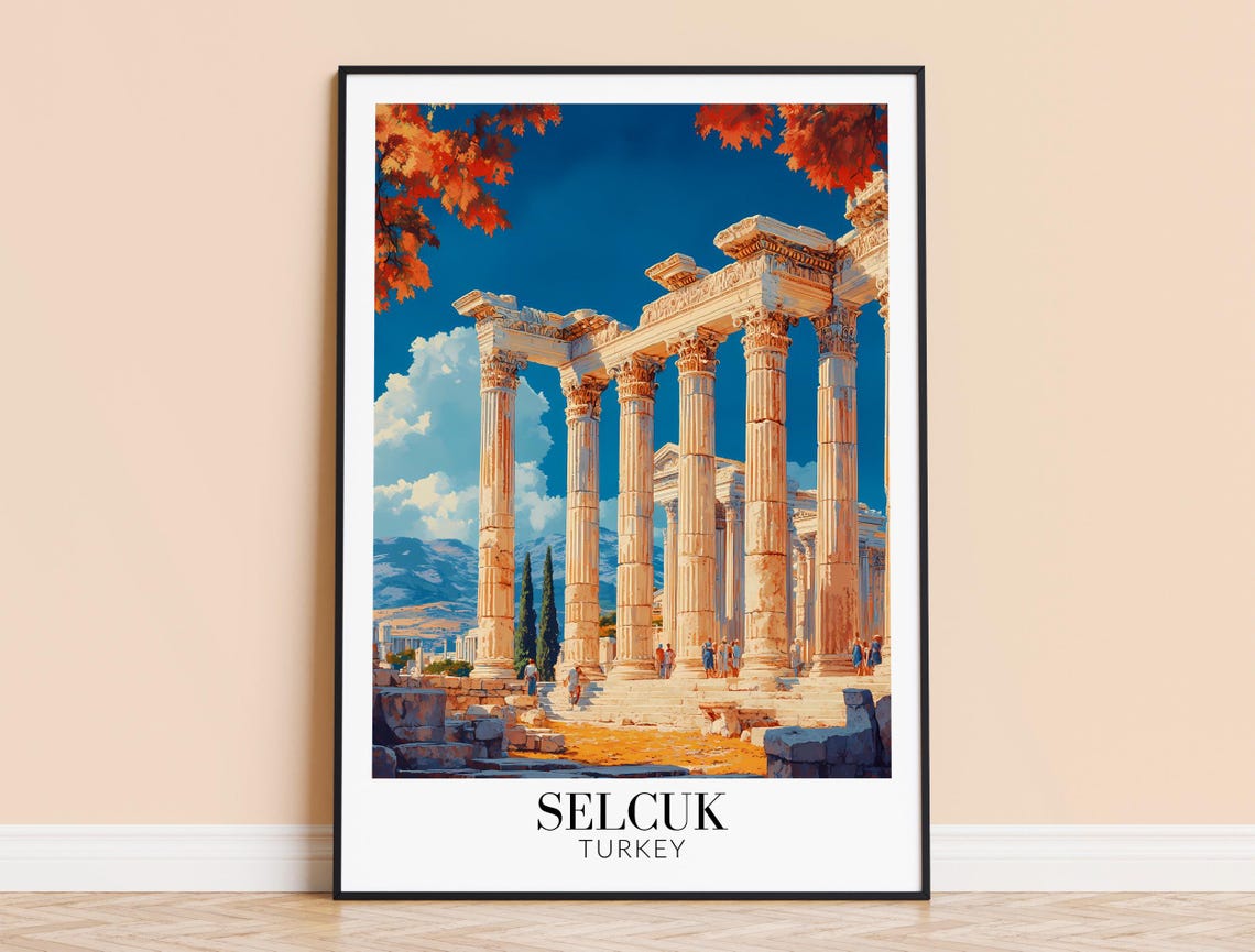 Selcuk Turkey Ancient Columns Blue Sky Day Ruins Closeup Travel Poster