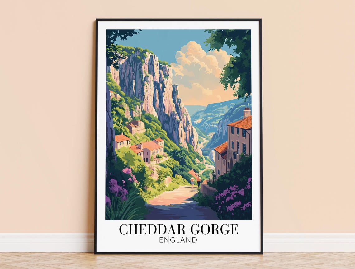 Cheddar Gorge England Limestone Cliffs Village Valley Travel Poster