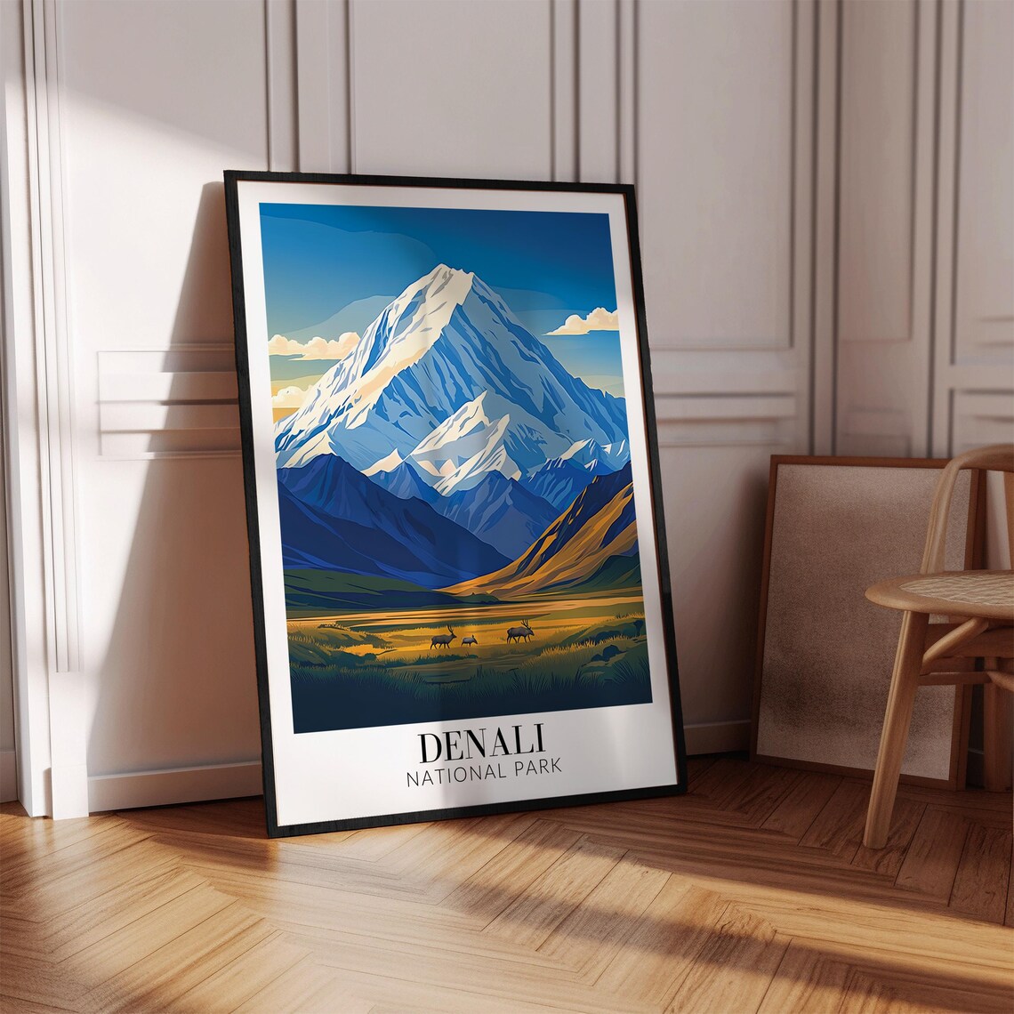 Denali National Park Snowy Mountain Peak Caribou Meadow Travel Poster - Image 2