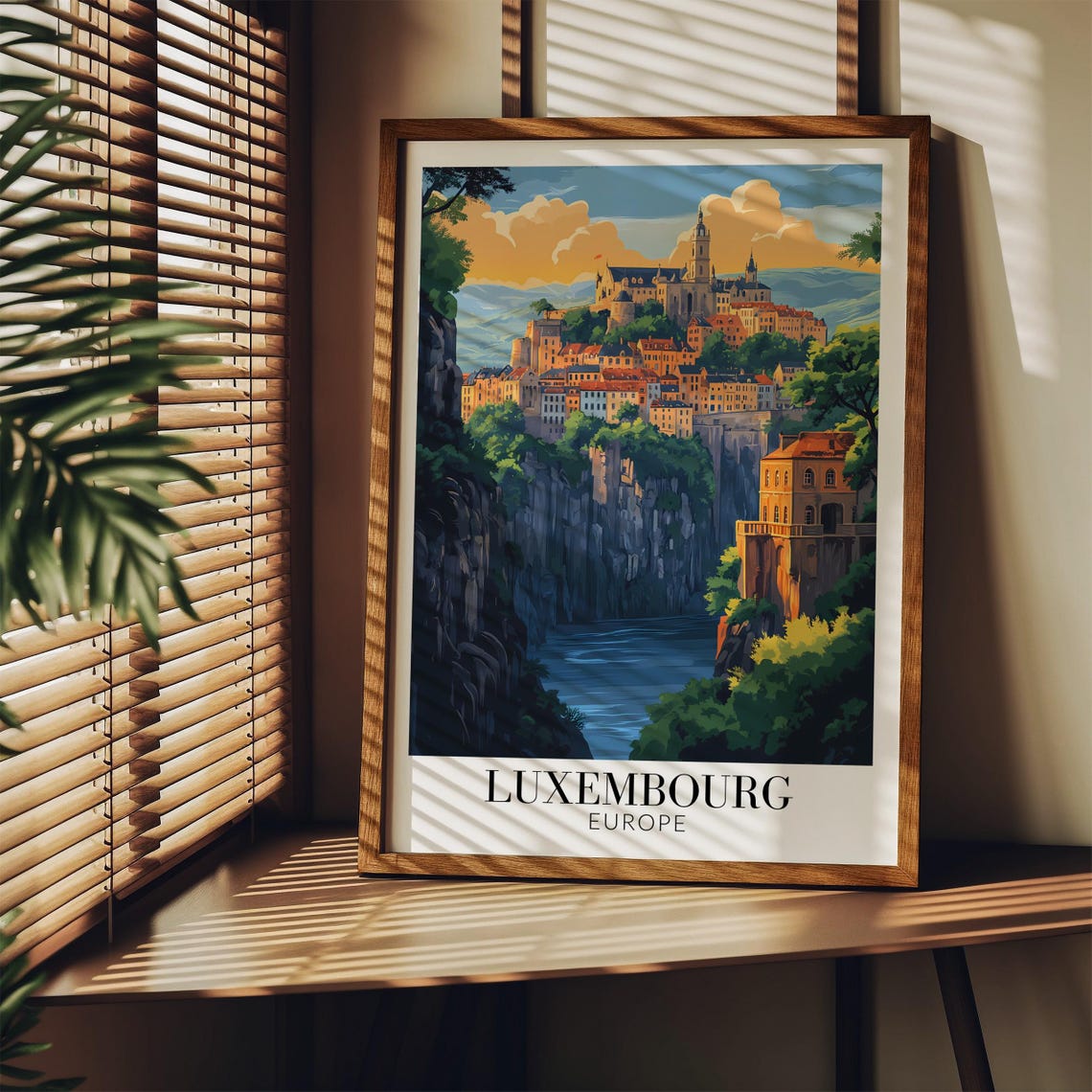 Luxembourg Europe Poster with Old Town on Cliffs above a River Gorge - Image 3