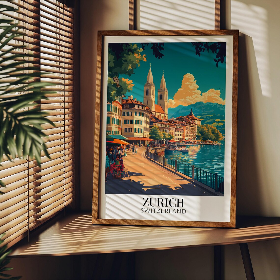 Zurich Switzerland River Promenade Church Spires Travel Poster - Image 4