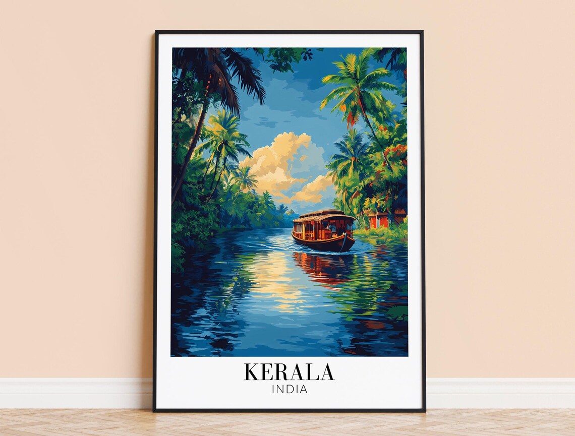 Kerala India Tropical Backwater Houseboat Illustration Travel Poster