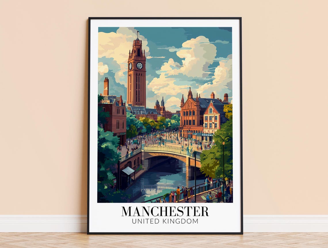 Manchester United Kingdom Clock Tower Canal Retro Travel Poster