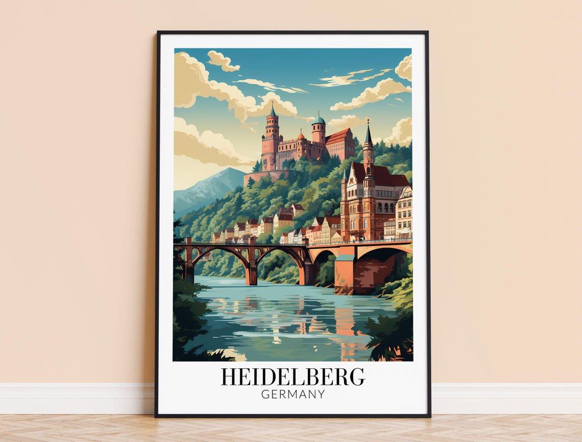 Heidelberg Germany Old Bridge And Castle Riverside Travel Poster